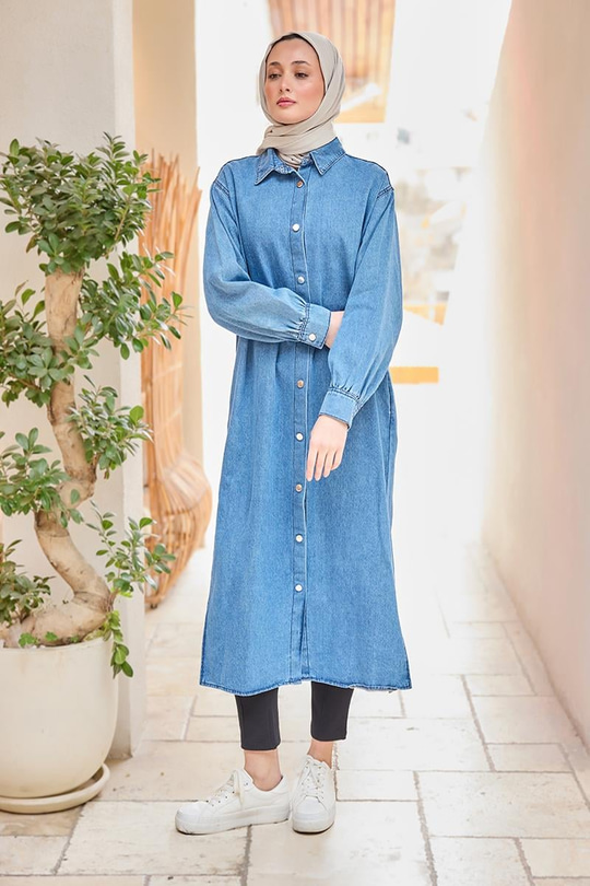 Çıt Çıt Detaylı Midi Boy Kot Ceket Buz Mavi