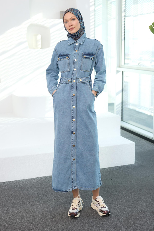 Çıt Çıt Kemerli Kot Elbise  Mavi