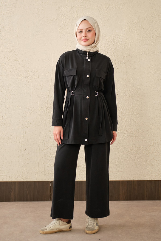 Çıtçıt Detay Çift Cepli Takım Siyah