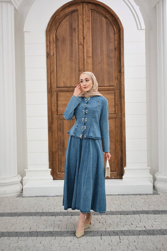 Çıtçıtlı Bisiklet Yaka Etekli Kot Takım Buz Mavi