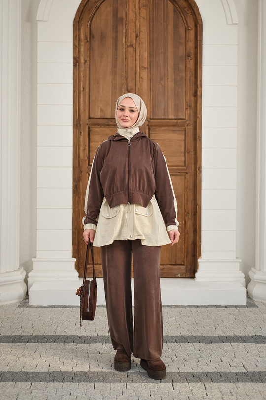 Çıtçıtlı Çift Kat Kapüşonlu Takım Krem