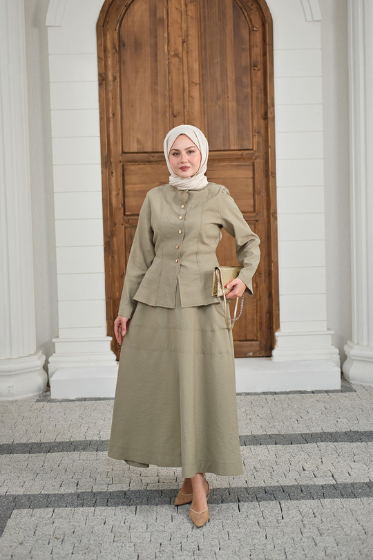 Çıtçıtlı Dikiş Detay Etekli Takım Küf Yeşil