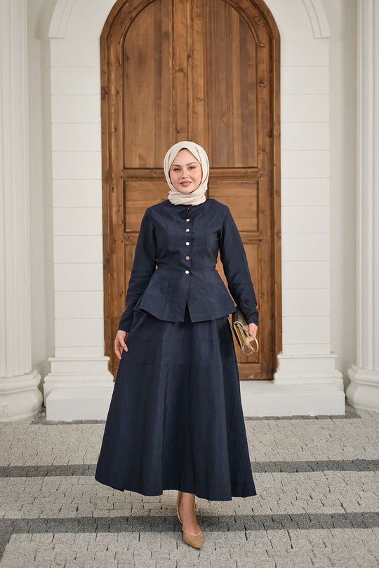 Çıtçıtlı Dikiş Detay Etekli Takım Lacivert