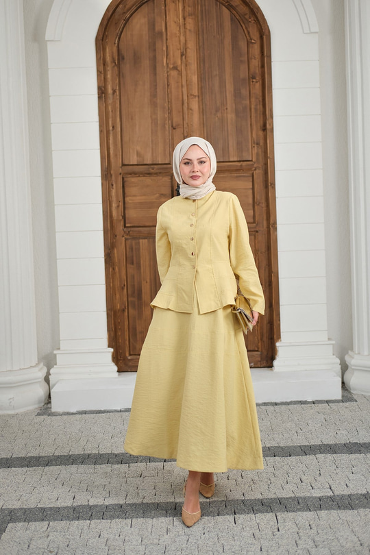 Çıtçıtlı Dikiş Detay Etekli Takım Sarı