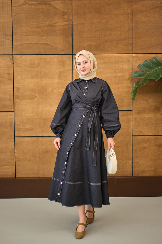 Çıtçıtlı Dikiş İz Detay Yandan Bağlamalı Kot Elbise Lacivert
