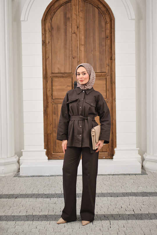 Çıtçıtlı Gabardin Bel bağlamalı takım Kahverengi