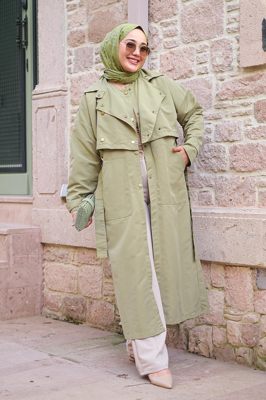 Çıtçıtlı Parçalı Su İtici Trençkot Mint Yeşil