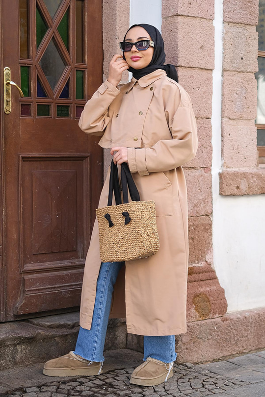 Çıtçıtlı Parçalı Su İtici Trençkot Vizon