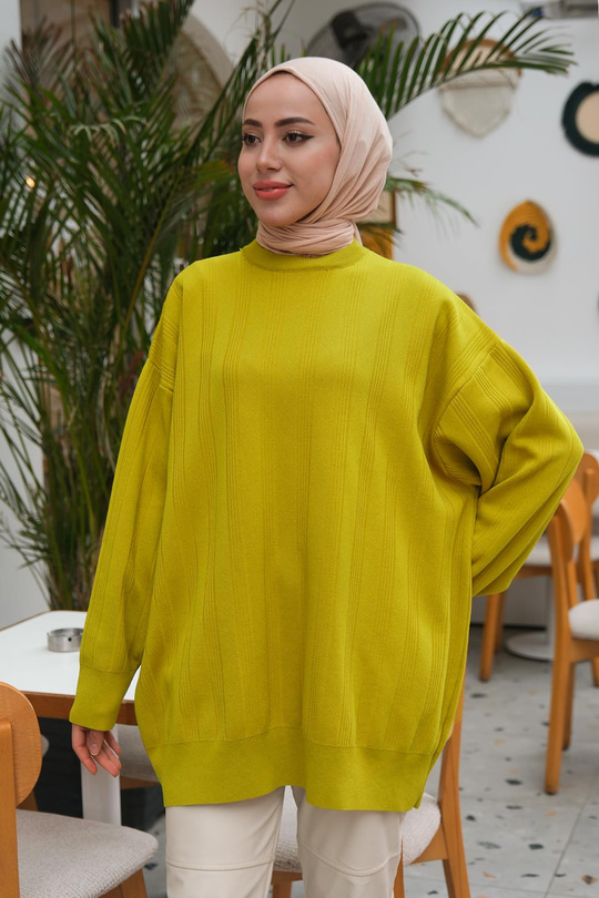 Çizgi Desen Triko Kazak Yağ Yeşil