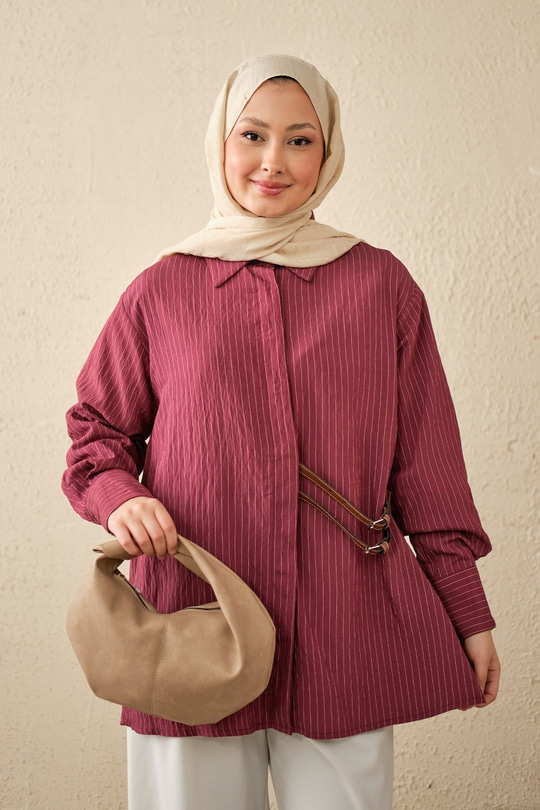 Çizgi Desenli Çift Kemerli Gömlek Bordo