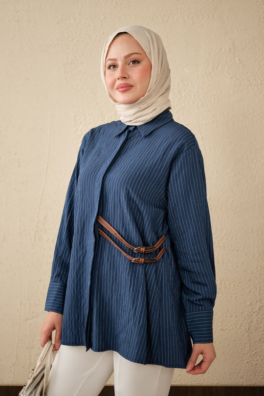 Çizgi Desenli Çift Kemerli Gömlek Lacivert
