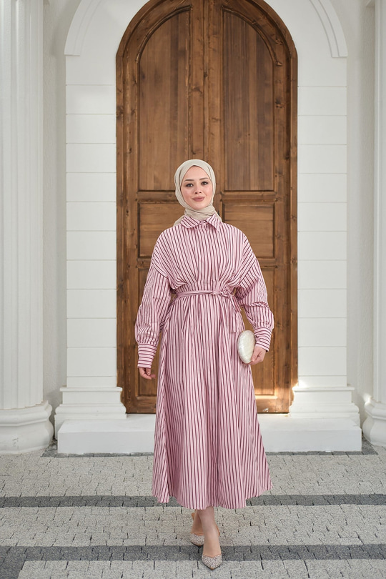 Çizgi Detay Bel Bağlamalı Elbise Pembe