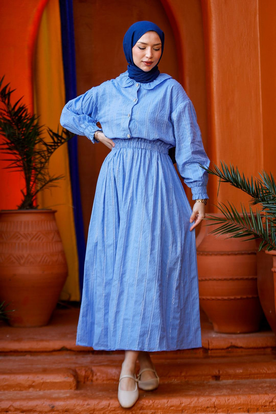 Çizgi Detay Gömlekli Takım Mavi