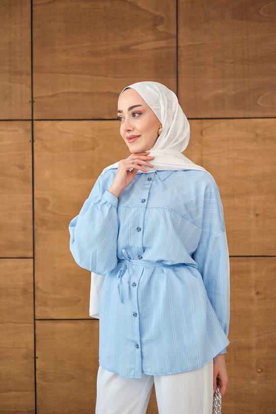 Çizgi Detaylı Salaş Gömlek Bebe Mavi