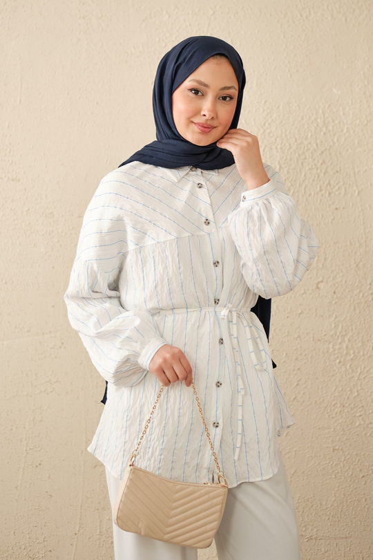 Çizgi Detaylı Salaş Gömlek Beyaz