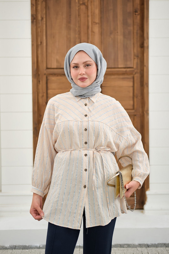 Çizgi Detaylı Salaş Gömlek Krem