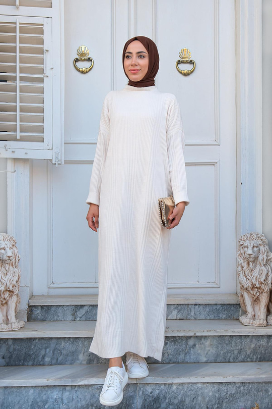 CIZGI DETAYLI TRIKO ELBISE BEJ