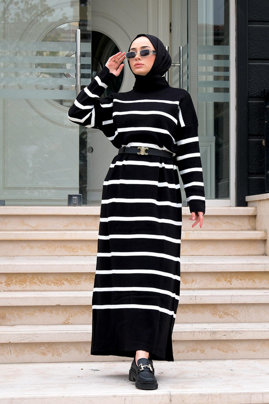 Çizgili Balıkçı Yaka Triko Elbise Siyah