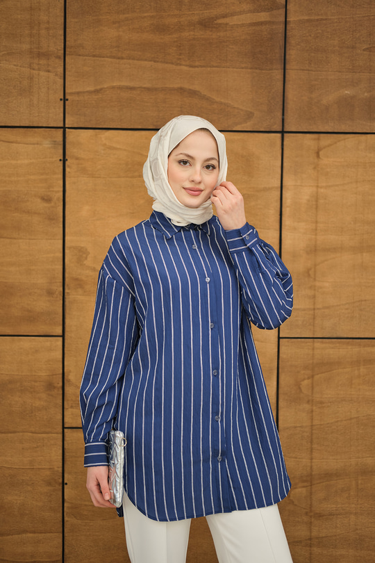 Çizgili Basic Gömlek Lacivert