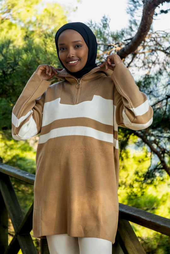 Uygun Fiyatlı CIZGILI FERMUAR DETAYLI TRIKO TUNIK VIZON | Loccomoda.com 