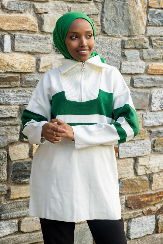 Uygun Fiyatlı CIZGILI FERMUAR DETAYLI TRIKO TUNIK YESIL | Loccomoda.com 