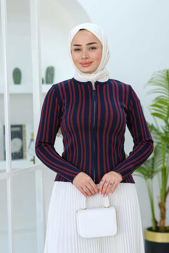 Çizgili Fermuarlı Hırka Bordo