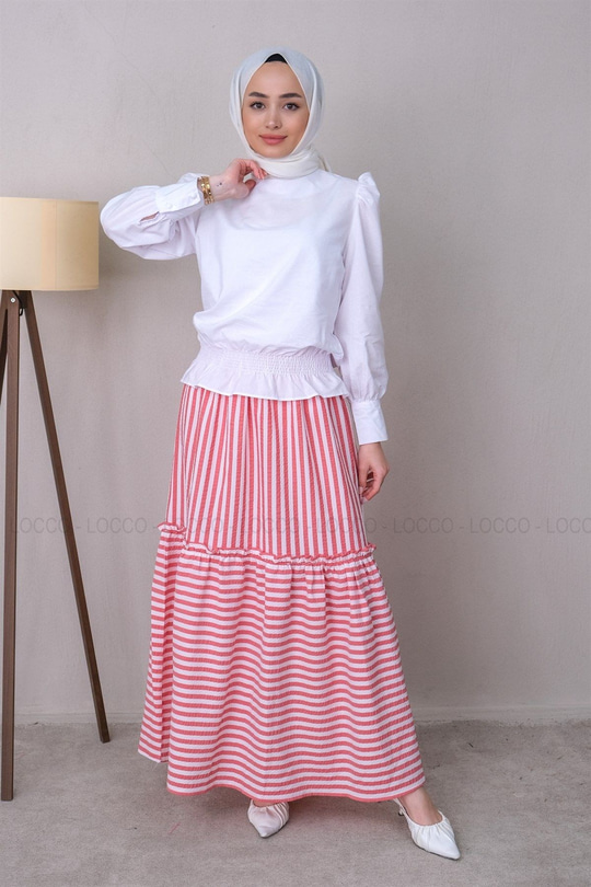 Uygun Fiyatlı CIZGILI GOFRE ETEK KIRMIZI | Loccomoda.com 