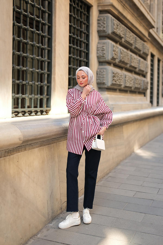 Çizgili Melanj Gömlek Bordo