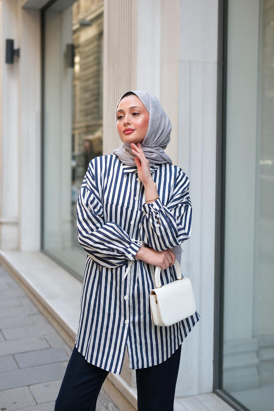 Çizgili Melanj Gömlek Lacivert