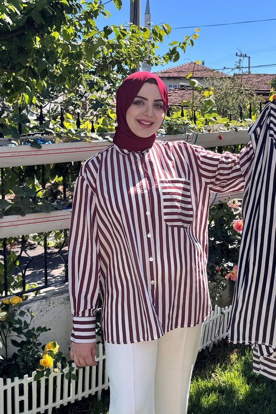 Çizgili Salaş Gömlek Bordo