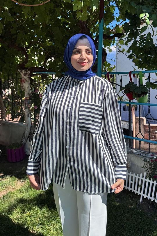 Çizgili Salaş Gömlek Lacivert