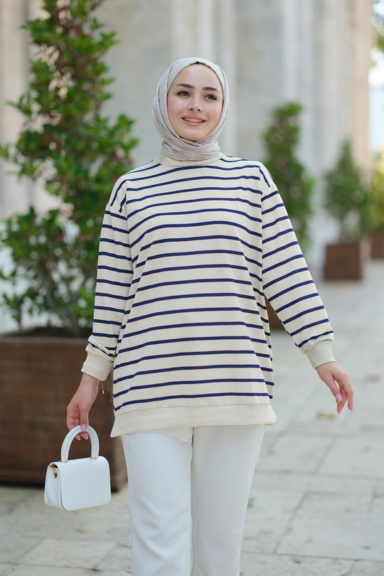 Çizgili Salaş Tunik  Lacivert