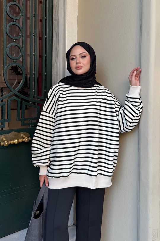 Çizgili Şardonlu Sweat Siyah
