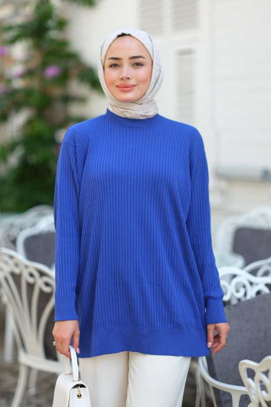 Çizgili Triko Kazak Saks Mavi