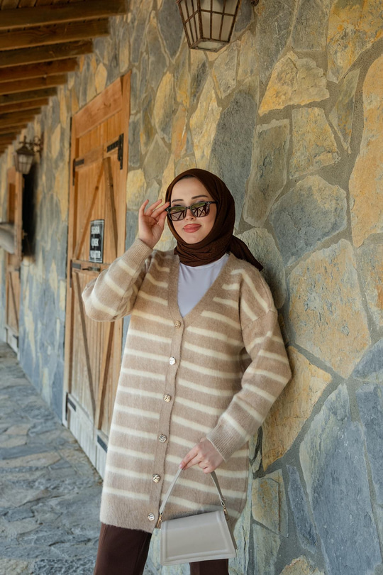 Çizgili Uzun Triko Hırka Vizon