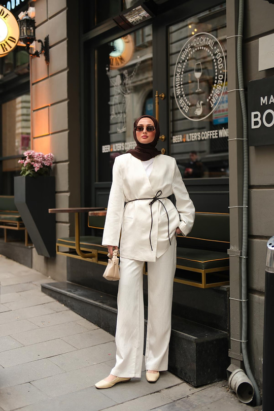 Çizgili Vizolin Kruvaze Ceket  Beyaz