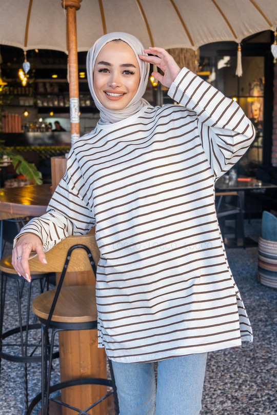 Uygun Fiyatlı CIZGILI YAN YIRTMACLI TUNIK KAHVERENGI | Loccomoda.com 