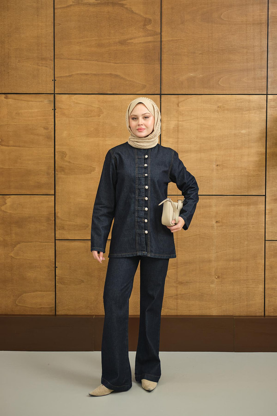 Çoban Düğme Detay Bel Lastikli Beli Ayarlanabilir Kot Takım Lacivert