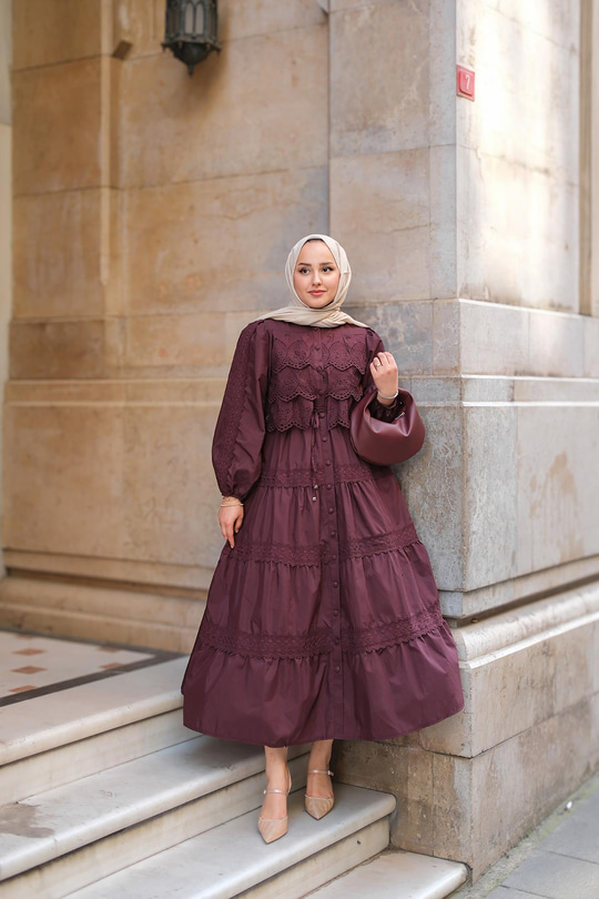 Cyrus Güpürlü Dantelli Elbise Bordo