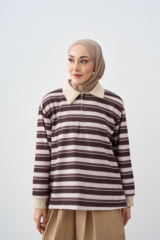 Gömlek Yaka Yarım Düğmeli Sweatshirt Kahverengi