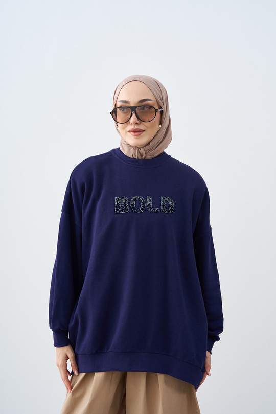 Taş İşlemeli Bisiklet Yaka Sweatshirt Lacivert