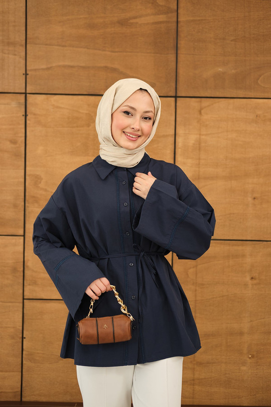 Dantel Detay Bel Bağlamalı Gömlek Lacivert