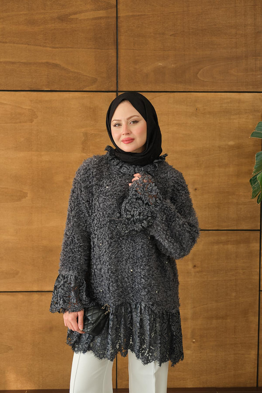 Dantel Detay Peluş Tunik Antrasit