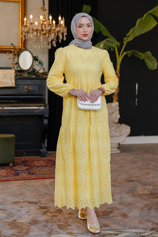 DANTEL DETAYLI ELBISE Sarı