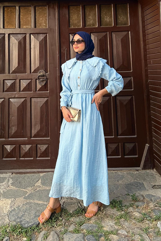 Dantelli Bebe Yaka Elbise Bebe Mavi