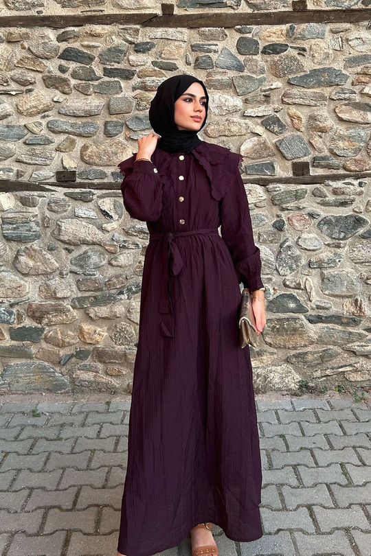 Dantelli Bebe Yaka Elbise Mürdüm