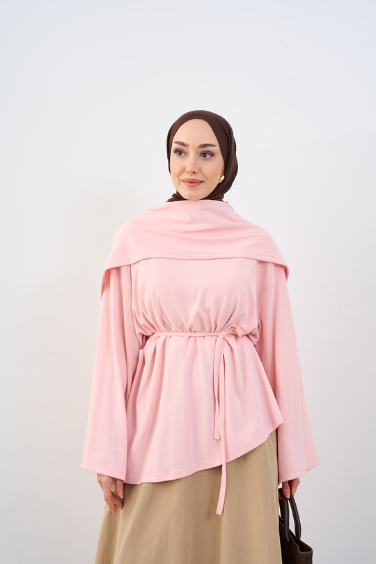 Asimetrik Kesim Şal Detay Bel Bağlamalı Tunik Pembe