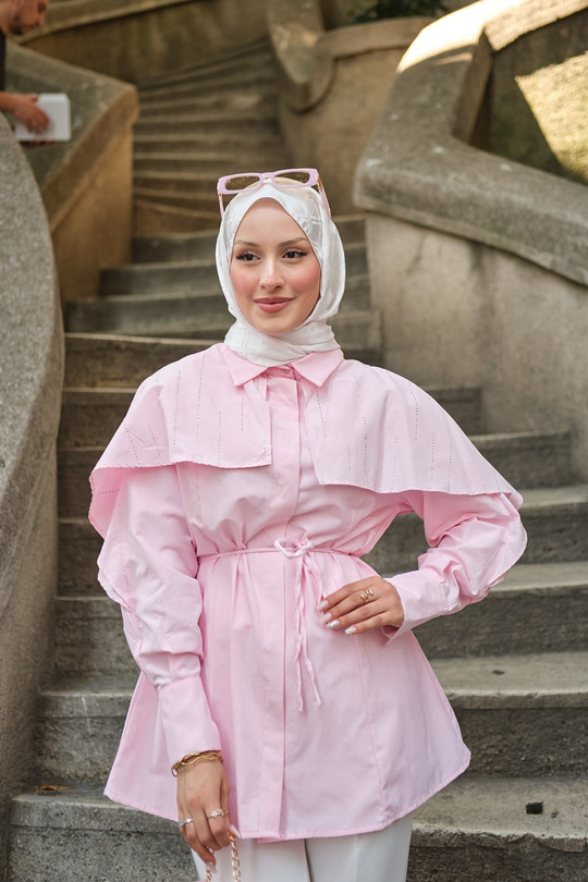 Fırfırlı Taş Detay Bel Bağlamalı Gömlek Pembe