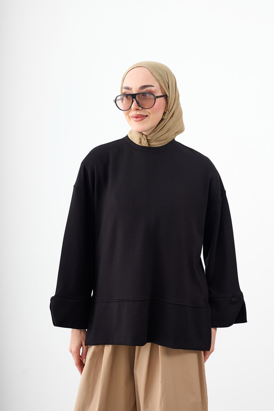 Bisiklet Yaka Çima Detay Sweatshirt Siyah