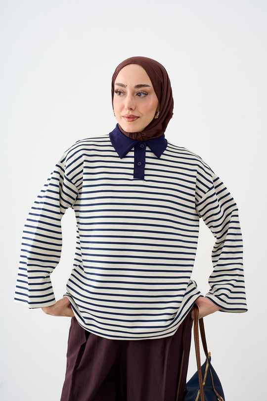 Gömlek Yaka Yarım Düğmeli Çizgili Sweatshirt Lacivert